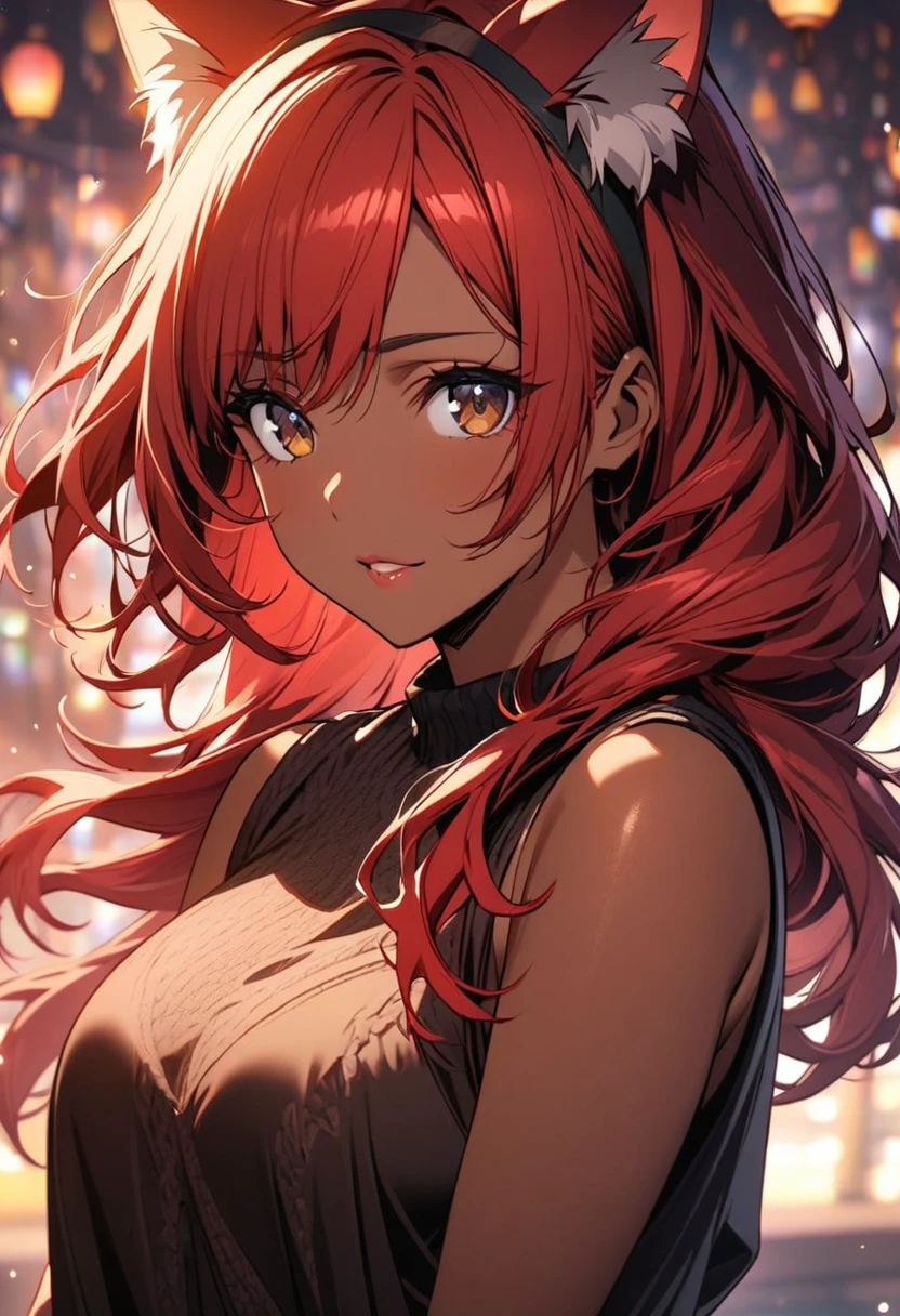 girl, mature, dark skin, red hair, cat ears, long hair, brown eyes, beautiful eyes, beautiful color, high detail, beautiful background
