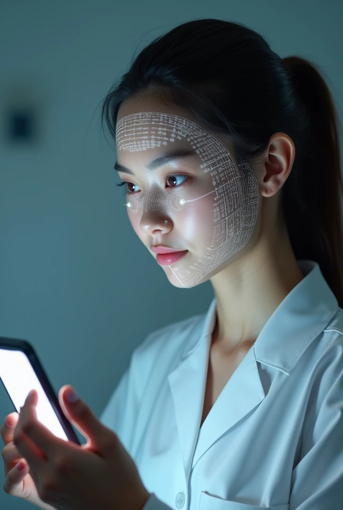 A young woman uses the online medical treatment system、Please draw a profile of you using face recognition on your smartphone.。This system is、If you take a picture of your face for about 10 seconds、It has the function to obtain vital data such as heart rate and blood oxygen saturation.。A white grid is displayed on the face to indicate the measurement points for facial recognition.、Use the light from your smartphone to illuminate your face。The hair is tied back。