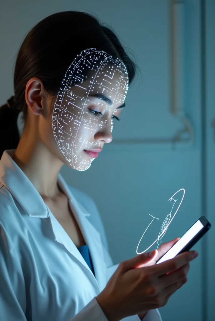 
A young woman uses the online medical treatment system、Please draw a profile of you using face recognition on your smartphone.。This system is、If you take a picture of your face for about 10 seconds、It has the function to obtain vital data such as heart rate and blood oxygen saturation.。A white grid is displayed on the face to indicate the measurement points for facial recognition.、Use the light from your smartphone to illuminate your face。The hair is tied back。