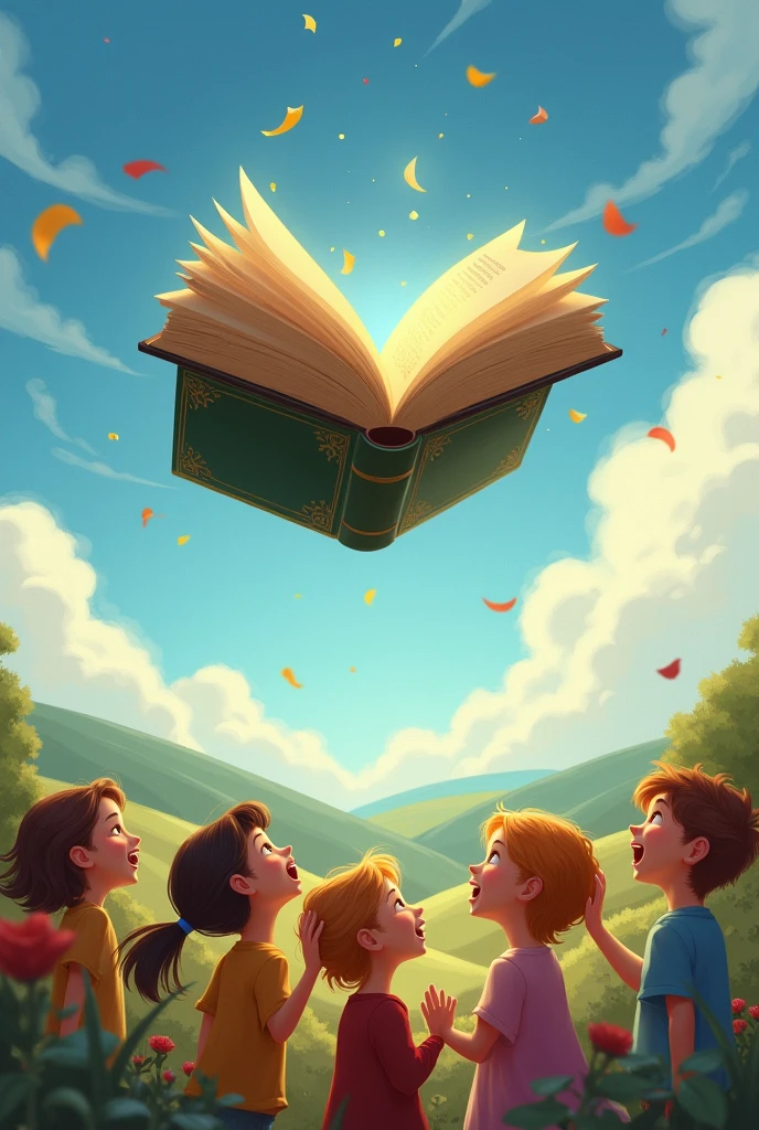 An open book flying with children below admiring it in awe 