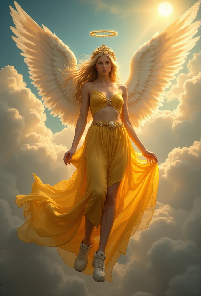 🖼️ 🎨️ 📐 ✨ fotografía profesiona ultra detallada de pintura renacentista al óleo de un ángel femenino con las alas abiertas flotando sobre un cielo azul y nubes blancas, multiple colors, ultra realistic, with a beautiful angelic face, vibrant 256k colors, blessed winged angel, cosmic, queen, Full body image, with Nike sneakers, radiates light, with soft flashes of light on her half-naked body, covered with wavy silk of vibrant colors, medieval fashion, that falls and floats gently, magnificent, beautiful, heavenly face, Golden hair, White skin, stunning beauty, unmatched, Shocking, ultra medieval, archangel, Golden dress, rayban sunglasses, Princess, rock makeup, Large ultra detailed wings with white feathersA guardian angel with majestic wings, lovingly wrapping someone in his heavenly robe,