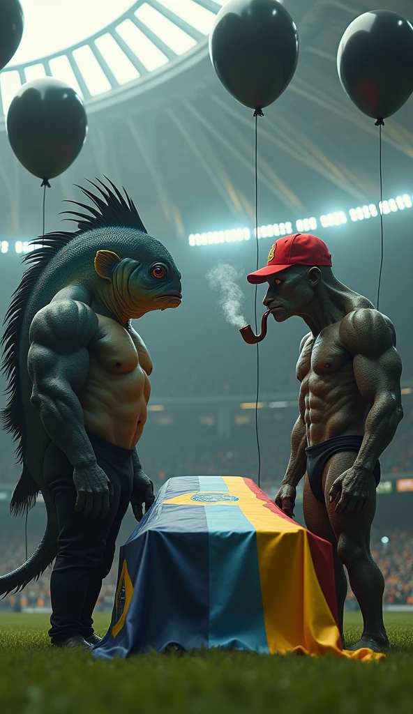 a fish, muscular, puffed-out chest, black suit, next to a saci, muscular, puffed-out chest, wearing a red cap, smoking a pipe, inside a soccer stadium, everyone is sad seeing a coffin with a flag over it highlighted in the colors blue, white, red, black balloons flying in the wind
