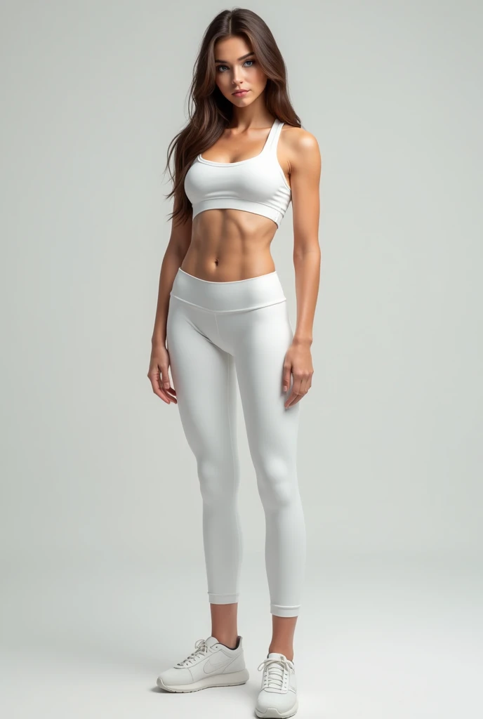 femme jeune, cheveux bruns lisses, yeux bleus, corps fin et athletique, enorme poitrine, chaussures blanche, pas de chaussettes, legging blanc, crop top blanc, style réaliste, vue 3/4 arrière mais haut du corps tourné vers l'avant