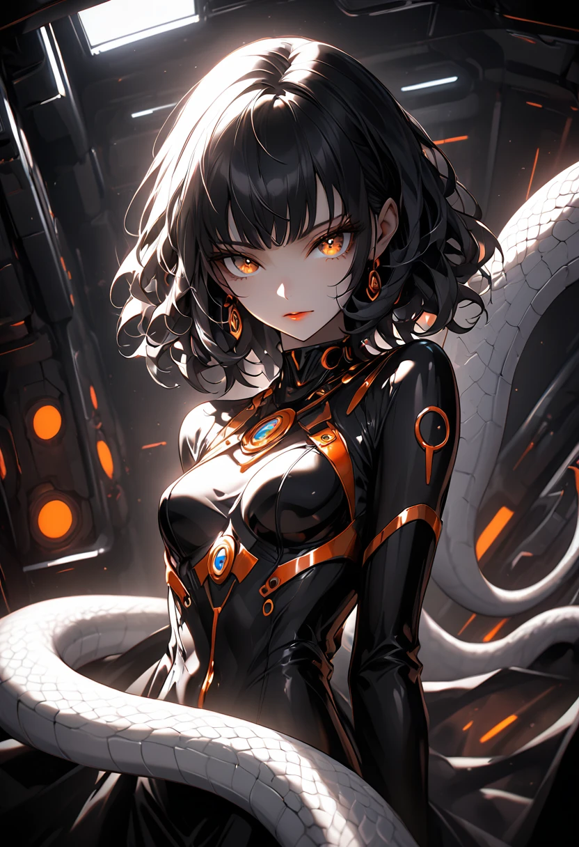 atmosfera sombria sexy In a futuristic space station bedroom, Goku sexy face meiga Sensual curly moicano repicado hair estilo Cleopatra do Egito cascading over shoulders, white serpent eyes sparkling with longing, quase nua e transparente tapa sex com um roupas de faraó véu envergonhada figure partially veiled by a gleaming black Orange PVC bedsheet, gaze locked onto the camera lens, chiaroscuro effect, soft ambient lighting casting subtle highlights and shadows on the curves and fabric, creating an intimate yet tasteful portrayal, digital painting, high contrast, dynamic composition, octane rendering.