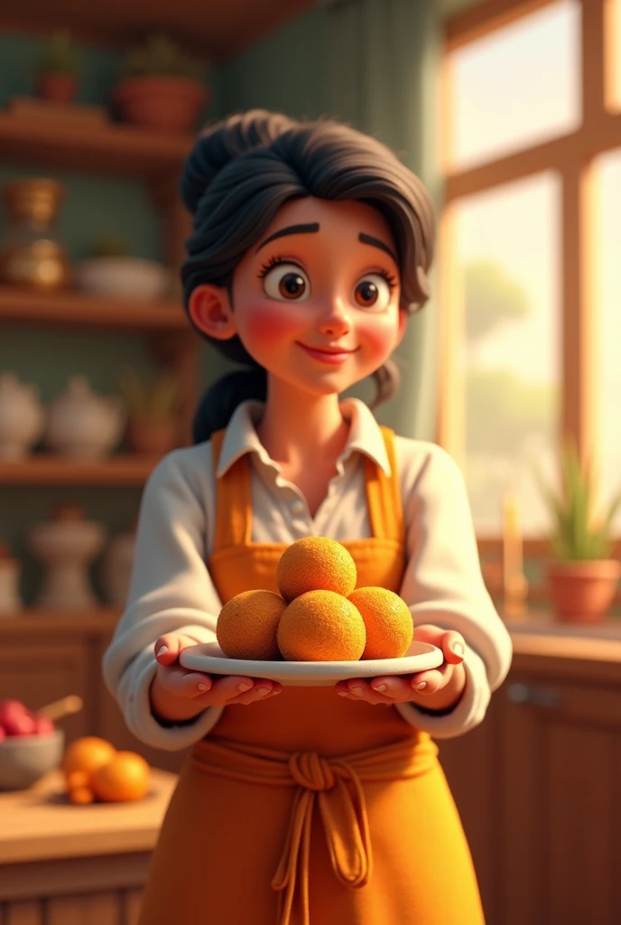Mother whole body animated image holding small yema balls