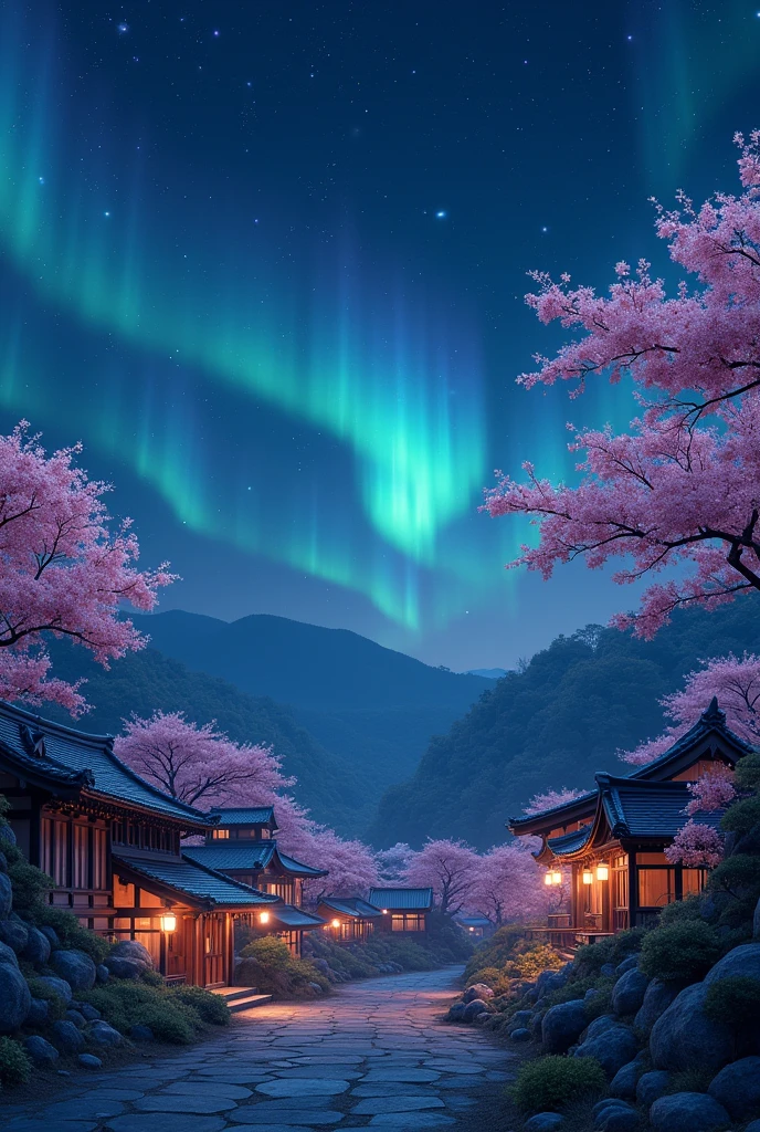 A serene night sky over a traditional Asian village, with ornate wooden houses and lush cherry blossom trees. The sky is a deep navy blue speckled with twinkling stars, and subtle auroras flow across the horizon. Soft light glows from the windows of the houses, creating a contrast against the dark blue tones. High quality, 4k resolution.