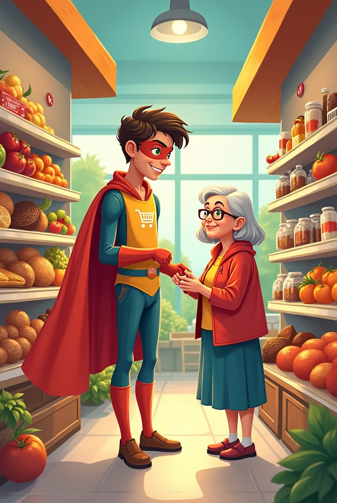 create a supermarket-style superhero who works in the merchandise replenishment sector helping an elderly woman in the happy market
