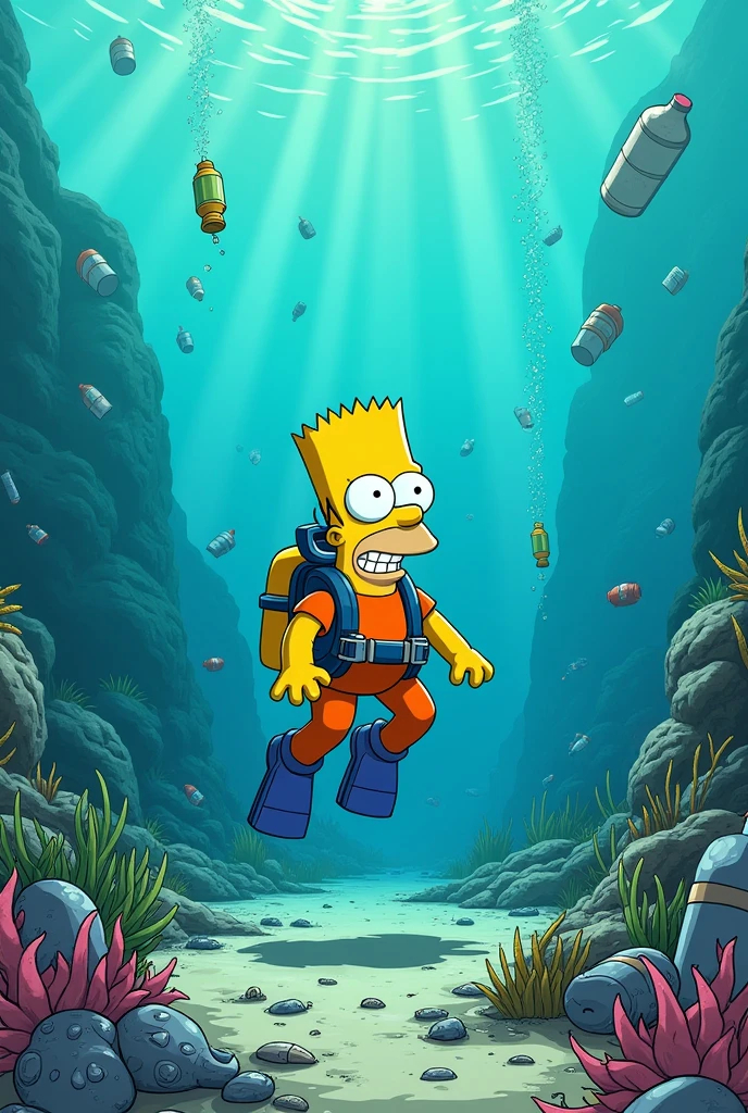 a simpsons style image underwater of a Simpson scuba diving in a polluted ocean that is scary. there are plastic water bottles and other rubbish in the ocean. the fish are dead. there is no wildlife. there is white dead seaweed. the Simpson looks scared.
