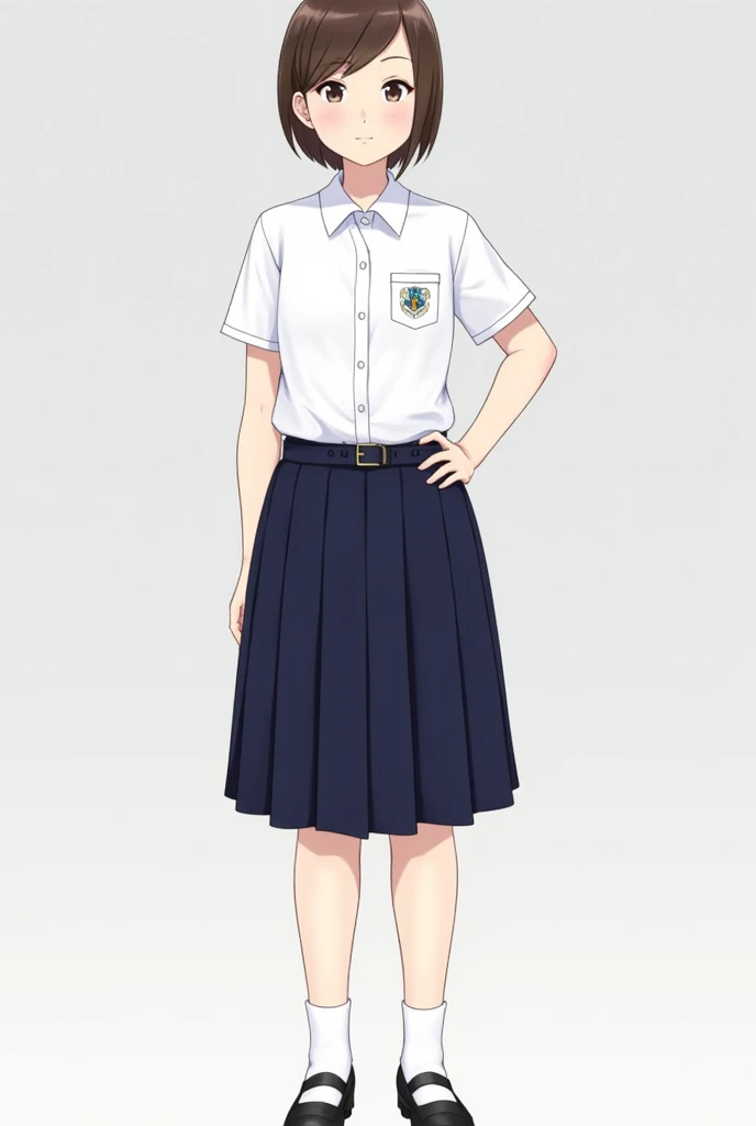 The school uniform for girls at Chonlathornwitthaya High School may look like this::

**shirt:**
- shirtเชิ้ตสีขาวแขนสั้น คอปก เนื้อผ้าบางเบาและโปร่งสบาย เหมาะสำหรับสภาพอากาศร้อน
- กระดุมสีขาวเรียงตามแนวกลางshirt
- สาบshirtสามารถมีตราสัญลักษณ์โรงเรียนปักที่หน้าอกด้านซ้าย

**skirt:**
- skirtพลีตสีกรมท่าหรือสีน้ำเงินเข้ม ความยาวประมาณเข่าหรือเหนือเข่าเล็กน้อย
- มีเข็มขัดสีดำหรือสีน้ำเงินเข้มเพื่อรัดเอว

**shoe:**
- shoeนักเรียนสีดำ คัชชูทรงเรียบง่าย
- ถุงเท้าสีขาวยาวถึงข้อเท้า

**decorations:**
- เข็มกลัดตราสัญลักษณ์โรงเรียนติดที่คอshirtด้านซ้าย
- หากเป็นนักเรียนระดับสูง อาจมีสายคาดเอวหรือโบว์สีประจำชั้นเรียนติดที่คอshirt

**Hair style:**
- Female students may have to tie their hair neatly or braid it if it is long. - Use black or dark blue ribbons to tie or tie the hair. This uniform is designed to look neat, polite and reflects the orderliness of female students in the school.