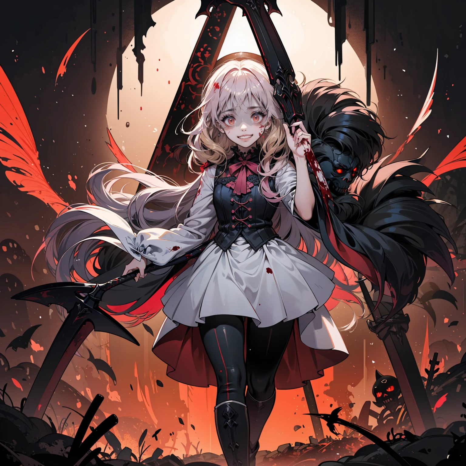 shaded face　、Holding a weapon、Looking at the viewers with a frightening expression、beautiful girl、とてもcute天使、Pink Gothic Fashion、cute、、smile、Long skirt、Black long boots、.(Highest quality,4K,High resolution,masterpiece:1.2),Very detailed,Realistic:1.37,Spooky altar background,Dark fantasy,Red color scheme,Ominous atmosphere,Eye-catching,Storytelling,anatomy,Anime Style,Concept Art,beautiful細部までこだわった顔と (((Red eyes ))),A terrifying ritual ,Satanic Ritual,Premature death,inappropriate behavior,クレイジーなsmile,Scythe Face,Girl Monster, beautiful, Delicate facial features, Sharp Eye, Sharp Fangs, pale skin, Dark Background, Cinema Lighting, Dramatic Shadows, Gothic style, Gloomy atmosphere, Dark fantasy, one person&#39;s, Please open your mouth wide, Open your mouth and baring your teeth,Sharp teeth like a beast, Wide lips, very wide mouth, Vermilion cheeks, ,(Blood splatter:1.4),Scary smile, smile,Angel Design, Twisted smile、Bloody、bleeding from the head,,,,,、Blood splatter、,(Blood splatter:1.4),skull,Demon Spear,Horror Style, ((Fantasy Sweet Ta Frill Pink Costume)), ((Flowing blonde hair)), ,(Blood splatter:1.4),Female curves, Sexy flat stomach, Perfect hands, Perfect anime face, (Pink Tata Dress)), Are standing, ((邪悪なsmile)), ,(Blood splatter:1.4), Steam circulates, Moonlight Illumination, night lighting, (Blood splatter:1.6),アニメAngel Design, Twisted smile、Bloody、bleeding from the head,,,,,、Blood splatter、,(Blood splatter:1.4), skull,Gothic architecture、Western architecture、Fantasy World、,Victorian cities, Skeleton Gas Light,Absurd, High resolution、 ((Tabletop)), ((Highest quality)), (Very detailedな), ((Very detailed)), (beautiful), ((cute)), (NFSW:1.8), alone,(:1.6)、(world&#39;The most terrifying and creepy demon girl:1.5)beautiful face、Whole Body Ezbian、pale, beautiful肌、beautiful金の髪、優しくsmileむ、Dark building ruins、(snow white&#39;Frill dress:1.3)、(The dark ruins are stained with blood:1.3)、Low angle full body shot、(少女は血の海の中にAre standing:1.5)、(The ground is full of blood:1.3)、(The girl lost a lot of blood....:1.3)、(クレイジーなsmile:1.6)、Spirits、(Blood dripping from the mouth:1.3)、
