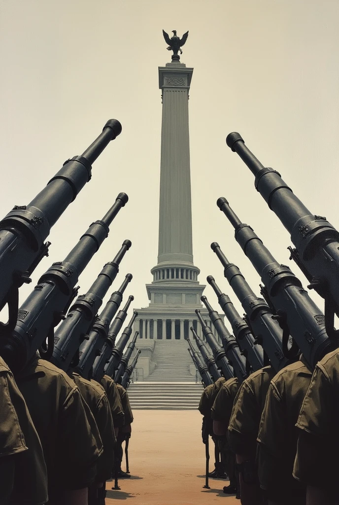 Painting of gun barrels pointing at the Democracy Monument