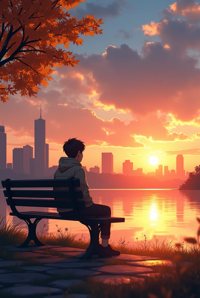 A serene evening scene with a young person sitting on a park bench, gazing at a beautiful sunset. The sky is filled with warm hues of orange and blue, with soft clouds drifting by. The person is wearing a light jacket and is backlit by the setting sun, casting long shadows on the ground. The bench is placed near a calm lake with the city skyline in the distance, partially obscured by trees with autumn-colored leaves. The mood is peaceful and reflective, with gentle light illuminating the scene.