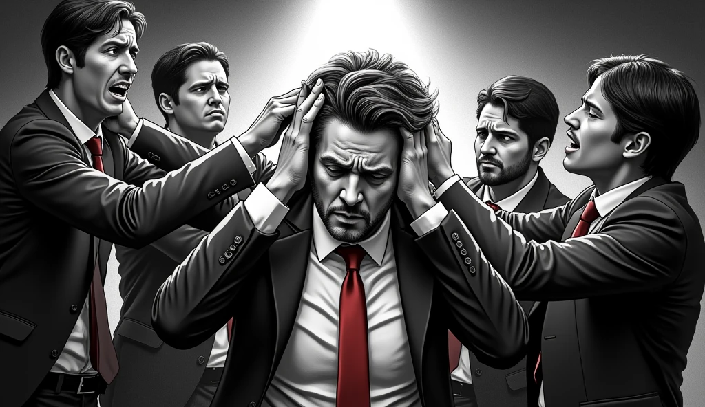 { "prompt": "A powerful thumbnail. The image should be realistic and illustrative, mainly in black and white. Show a person screaming with his hands on his head while his boss and clients are pressing him around, pulling his hair, as if The person's face or expression is showing exhaustion. The entire image should be in black and white, but the main point should be highlighted in vibrant colors to draw attention to the central subject.” , "settings": { "style": "realistic and illustrative", "lighting": "high contrast", "detail_level": "high", "color_scheme": "black and white with bright color focal point", "emphasis": "social media icons and the person's expression", "size": "1280x720" } }