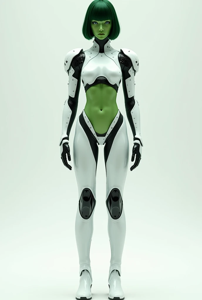 1girl, green skin, dark green hair, seamless bob cut, white cybernetic armor, full body armor, black accents, full body shot, shoulder pads, white boots