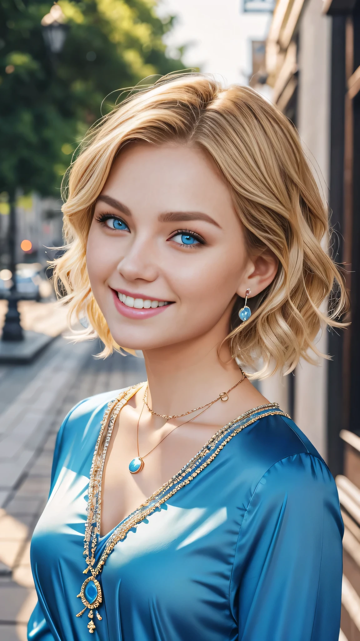 Super Resolution、Beautiful Caucasian Woman、Short Haircut、Wavy Hair、Blonde Hair、blue eyes、smile、Beautiful teeth alignment、Necklace around the neck、Ear piercing、Long sleeve blouse、looking at the camera、The background is the city
