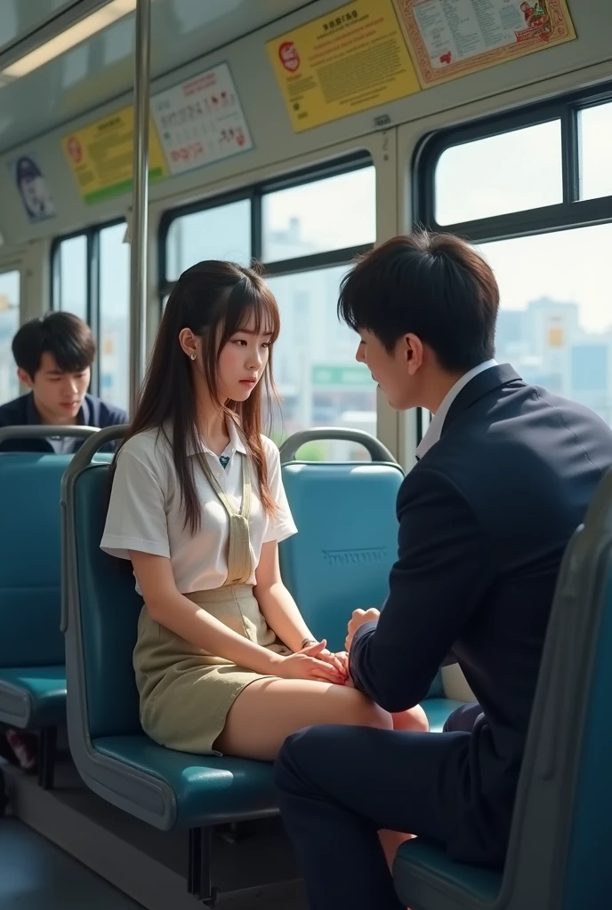 NSFW,A Japanese girl was sitting on a bus seat.、(A man gave her a deep throat)