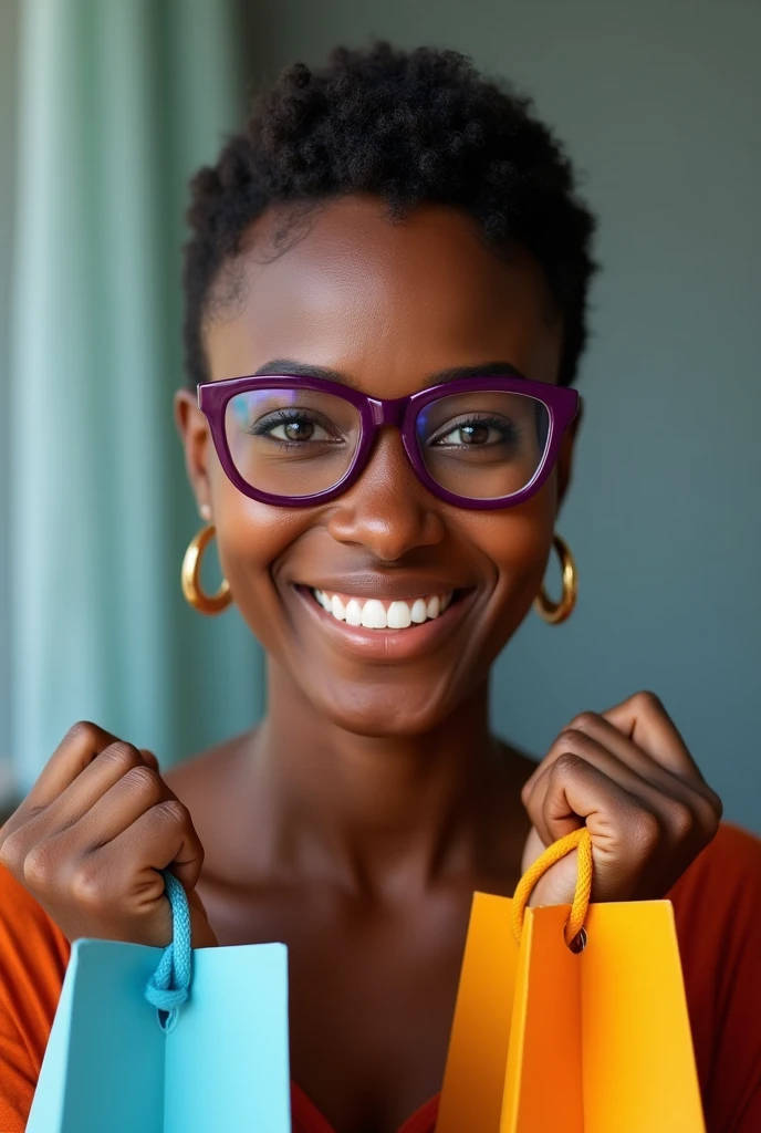 Portrait of an African woman, Brown eyes, curtain, discreet clothing, shorth hair, with rectangular purple glasses, medium hoop earring, Grinning, Brown lipstick and discreet makeup, carrying shopping bags in hand, no shopping