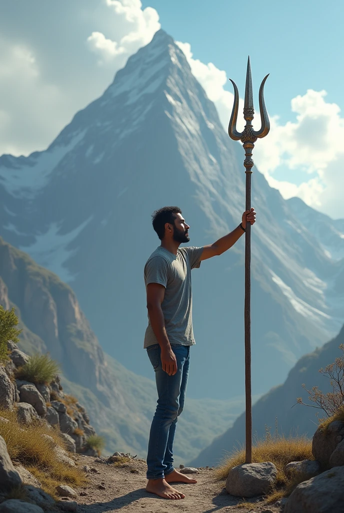 30 years Indian young man touches the trishula at the mountain, he wears grey color t-shirt, blue color jeans, no shoes.