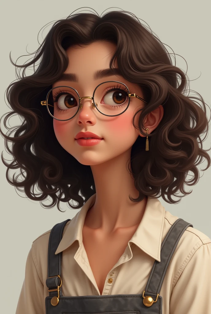 With glass, light coloured mole just below and little away from right eye near the nose who has small lips which is big in the down and smaller in the up lips, oval shape slim with good outfit with curly hair(2b and 2c curls in the front and 3a and 3b curls at back) shoulder length long hair lighter eyebrows, smaller eyes pinkish colour anda little long forehead without any freckles qnd the hair is of more volume, oval face and look like a 15yr old with circle wire frames 