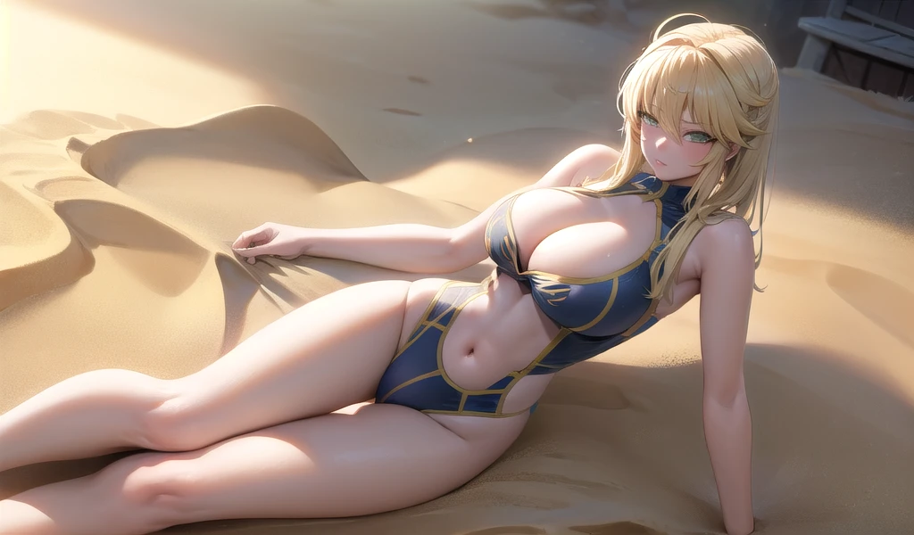 Blonde busty beauty，swimsuit，cleavage，slim figure，Bare waist，thigh，Sunlight，sand stall