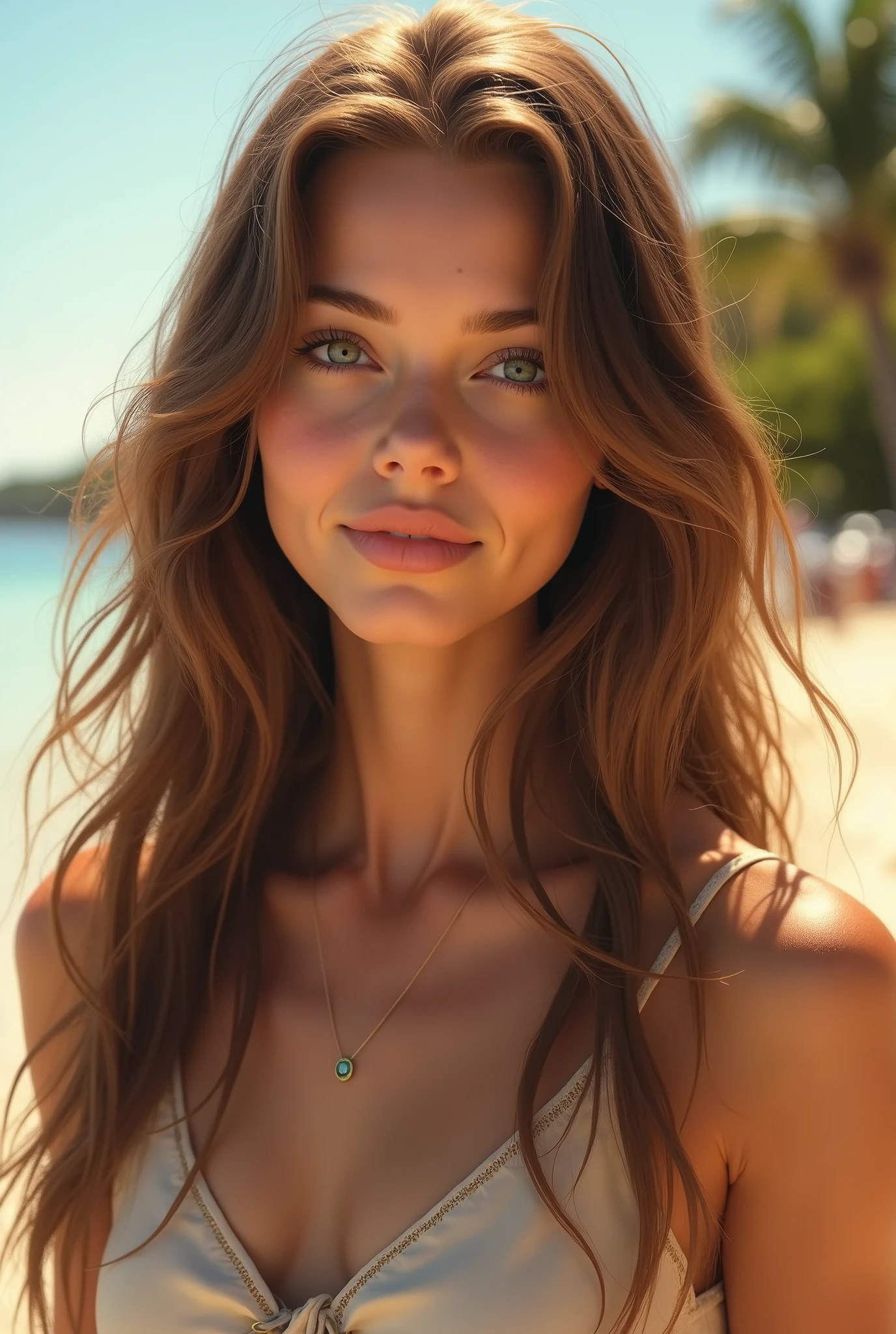 Photorealistic portrait of an 1 American girl with long, flowing brown hair and striking green eyes. She should have a natural, approachable expression and be lit by the soft light of a golden sun. The background should be a picturesque outdoor setting, such as a sunny beach or something with the outfit you want.