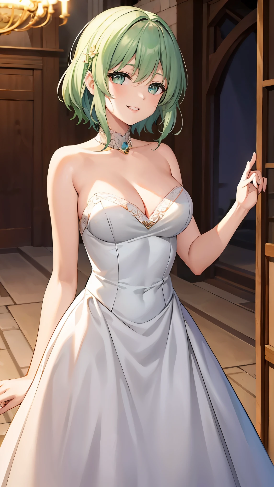 Shoulder-length green hair, Small size breasts, Small breasts、Green Eyes, 、(((Lady))),Full body photo from head to toe、Glamorous Party Dresses、Shoulder Bare、smile、Uplifting、、Elegant party、greeting、Well-groomed appearance、Reception at the party venue、beautiful、Cocktail party、Tasting、Within the medieval royal palace、hair ornaments、He is interacting with nobles from other countries.、Less exposure