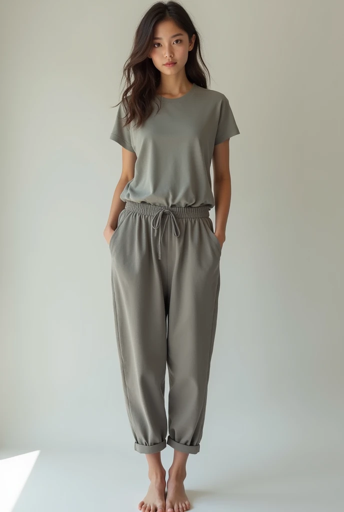Girl wearing baggy pants and gray shirt