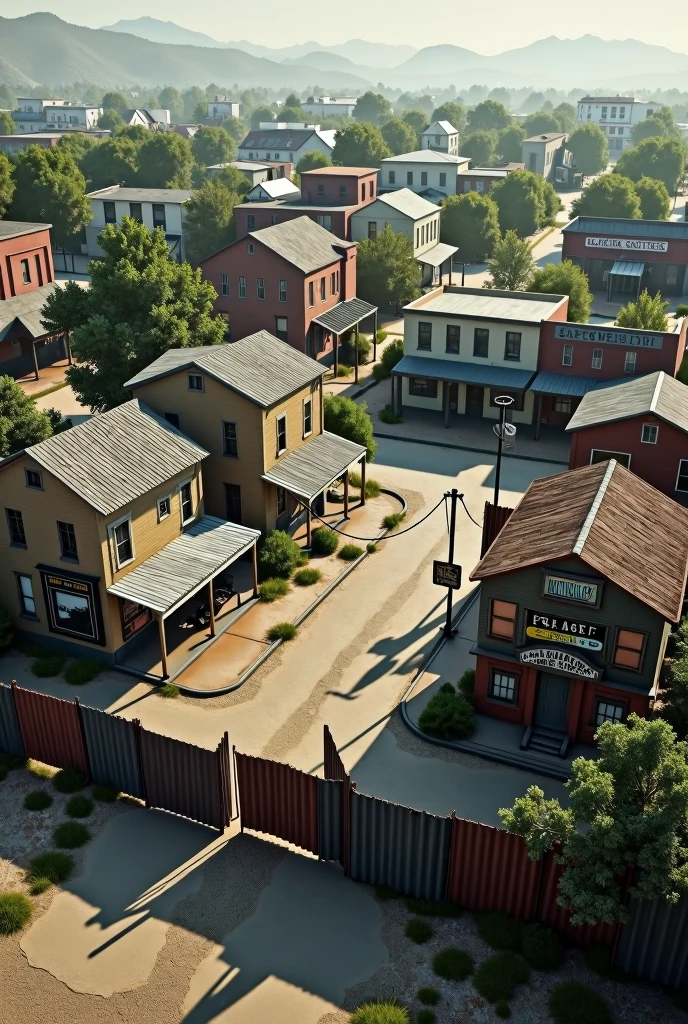 (photorealism:1.2), a town similar to Alexandria from The Walking Dead, surronded by a short wall made of scrapped metal. The town is big enough for 300 people to live in. Classic american town in the 2000´s