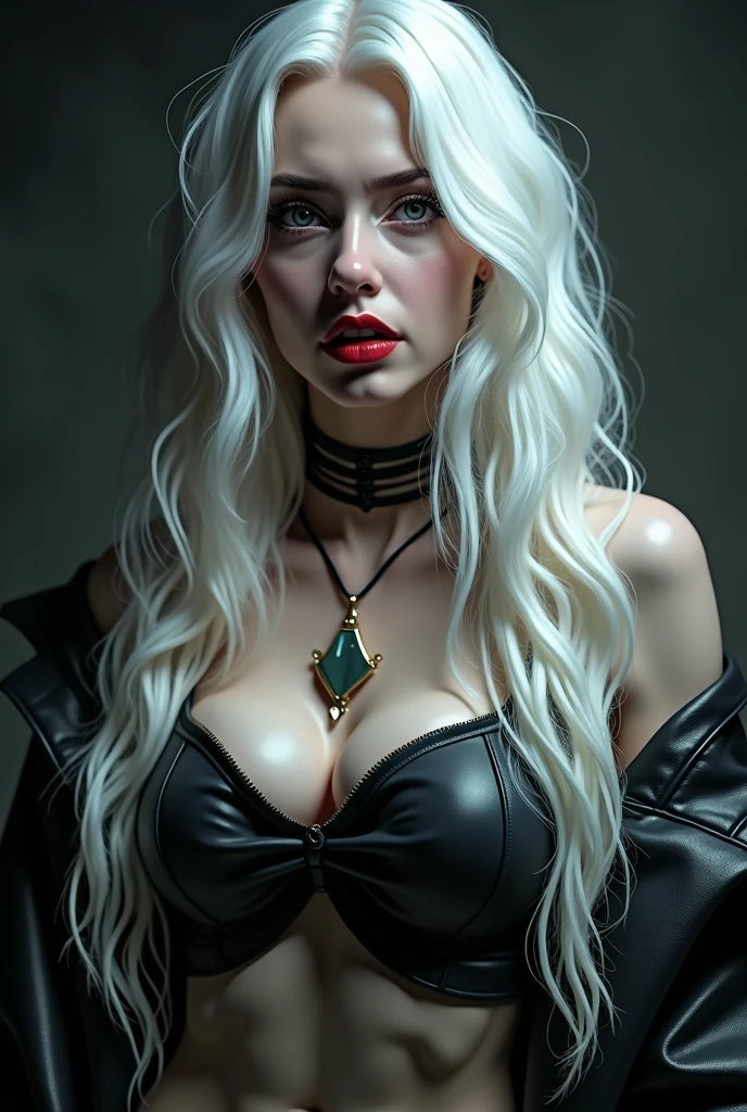 a tomboy goth girl with extremely long white hair, beautiful detailed eyes, beautiful detailed lips, extremely detailed face and features, extremely muscular and busty, wearing black boots, (best quality,4k,8k,highres,masterpiece:1.2),ultra-detailed,(realistic,photorealistic,photo-realistic:1.37),portrait,concept art,dark,dramatic lighting