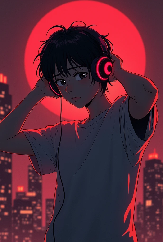 1 anime boy dancing half body with reddish night city landscape background with headphones and a dull look