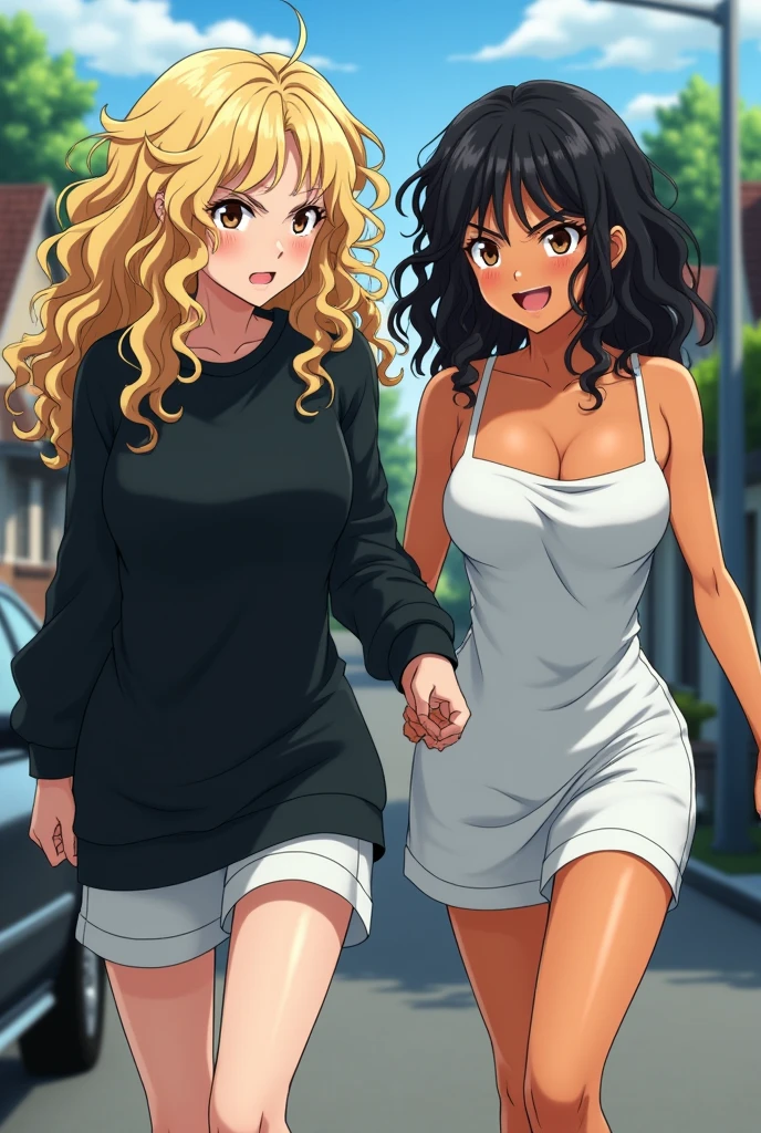 2 girl with long, disheveled curly blonde hair, Brown eyes, He is wearing a long black sweatshirt and white short sports pants., He angrily leads a woman with curly black hair, medium length, by the hand as they walk towards a car., tanned skin, She is wearing a short, low-cut white dress, She is laughing. The background is houses. anime kakegurui style 