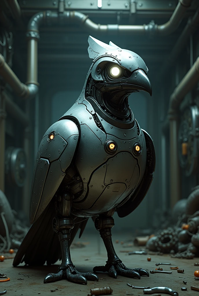 the bird in robo costyum and darak room