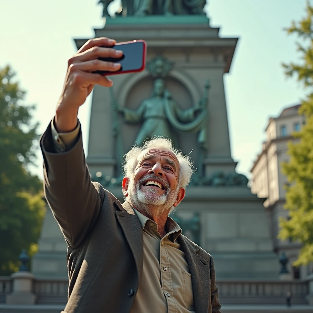 the grandfather&#39;s selfie in front of the statue a moment before the piece of the statue hits his head.