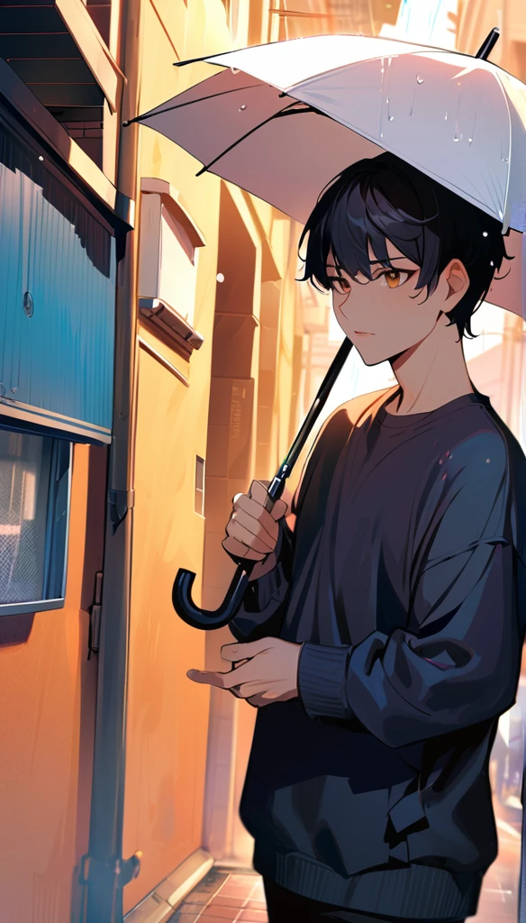 1man, solo, handsome and cute, crew cut, black Hair, brown eyes, light lips, 25years old, he's holding an umbrella, standing, raining, residential area with sunshine