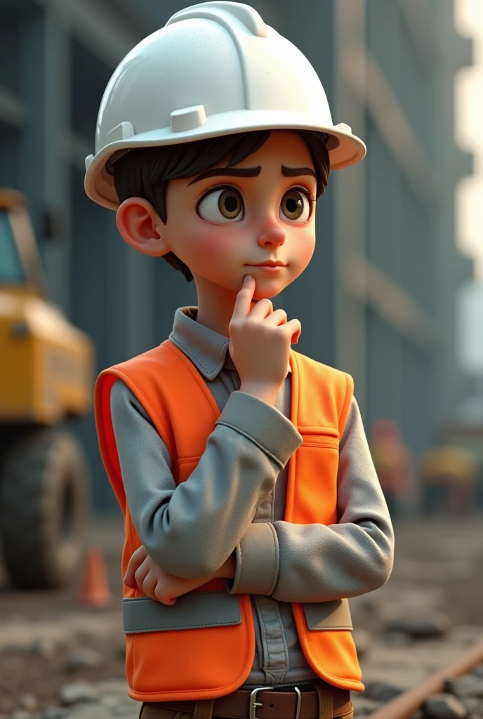 Young engineer in white helmet with orange safety vest making a thinking gesture