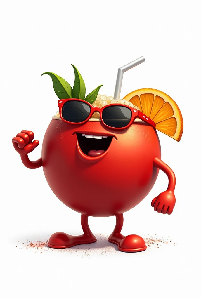 You can make an animated character design of a michelada sphere with chili powder, hands, feet and sunglasses, ideal for the back of a white t-shirt. The style is lively, similar to a botarga. Let it be red.