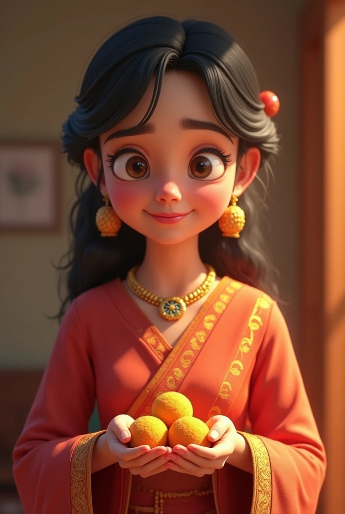 Mother whole body from head to toe animated image holding small yema balls