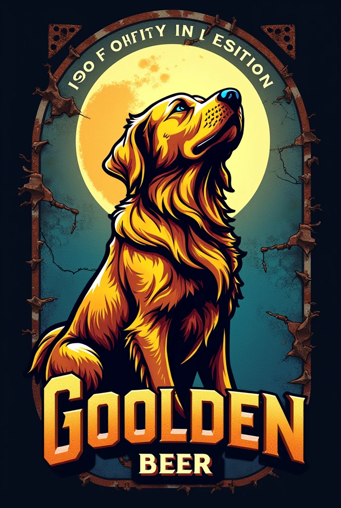 Create a logo for a brewery whose mascot is a golden retriever named goolden beer in a modern contemporary style with a colorful apocalyptic metallic touch howling in the moonlight