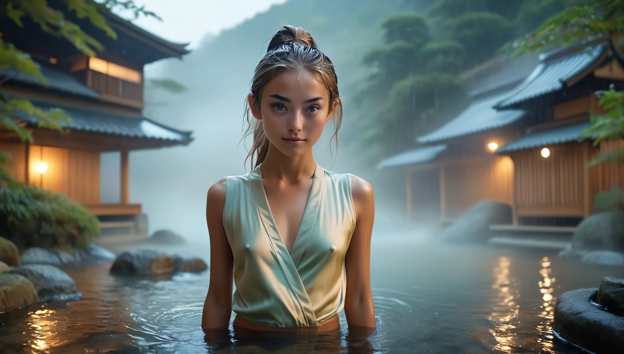 Top Quality, Masterpiece, High Resolution, 8k, (((cute skinny barely legal girl in oversized silky Spa Wrap Top and pants, random color, wide neckline, deep neckline, small perky breasts, beautiful detailed eyes, beautiful detailed lips, small closed mouth, extremely detailed face, long ponytail hair, small hips))), BREAK (((japanese onsen, wet and steamy atmosphere))), intricate details, at night, backlit, full body shot, view from distance