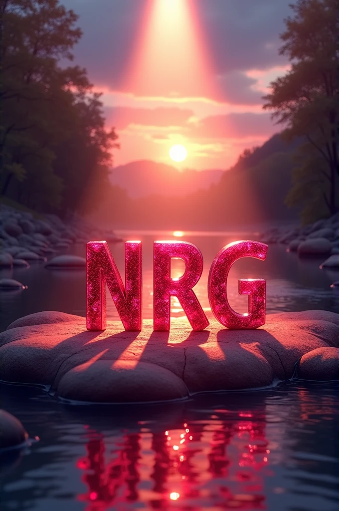 Logo of a lit spotlight with the letters NRG inside made of ruby on a river illuminated by twilight in a style as if it were a painting