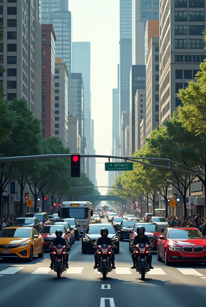 front view image, where vehicles and motorcycles appear stopped at a traffic light.