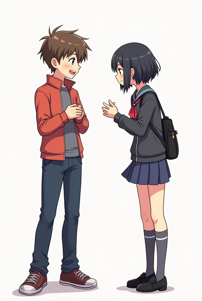 Comic Cover,White background,Two people,A very cheerful boy with a smile,brown hair, his hair is smooth and has a bit of a cowlick.,A dull cute,Cold expression,Black short hair,with a forelock,They stand together,Wearing school uniform,Full body picture,Vision