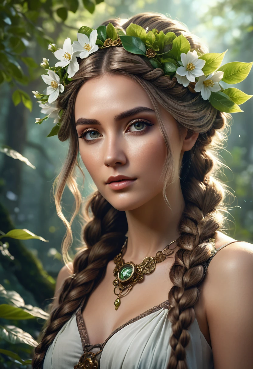 hyperrealistic portrait of a stunning female character with lengthy, cascading hair arranged in a braid and embellished with leaves and flowers, positioned amidst a forest backdrop dotted with trees and white flowers, 8K high-quality detail, reflecting an epic fantasy art style, and 4K high-resolution digital art, reminiscent of Artgerm's style; created with a 3D Unreal Engine aesthetic, steampunk style,intricate,insanely detailed, lighting dramatic,cinematic,sharp focus on subject,hdr,hyperrealistic, cinematic,beautiful digital art, ultra realistic art, hyper-maximalist,hdr,16k,final render