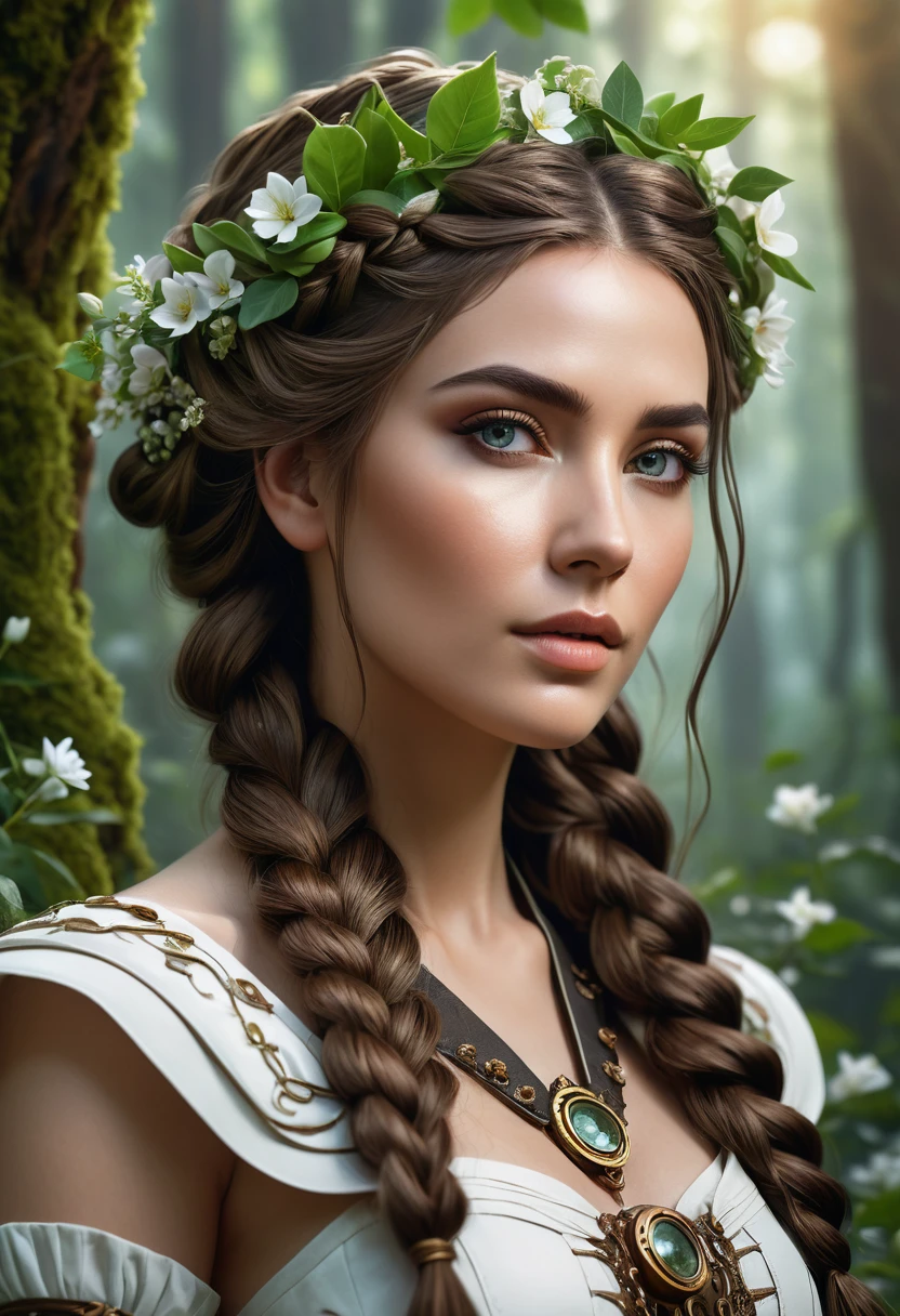 hyperrealistic portrait of a stunning female character with lengthy, cascading hair arranged in a braid and embellished with leaves and flowers, positioned amidst a forest backdrop dotted with trees and white flowers, 8K high-quality detail, reflecting an epic fantasy art style, and 4K high-resolution digital art, reminiscent of Artgerm's style; created with a 3D Unreal Engine aesthetic, steampunk style,intricate,insanely detailed, lighting dramatic,cinematic,sharp focus on subject,hdr,hyperrealistic, cinematic,beautiful digital art, ultra realistic art, hyper-maximalist,hdr,16k,final render