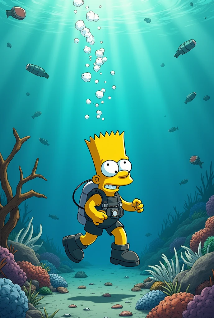 a simpsons style image underwater of a Simpson scuba diving in a polluted ocean that is scary. there are plastic water bottles and other rubbish in the ocean. the fish are dead. there is no wildlife. there is white dead seaweed. the Simpson looks scared.