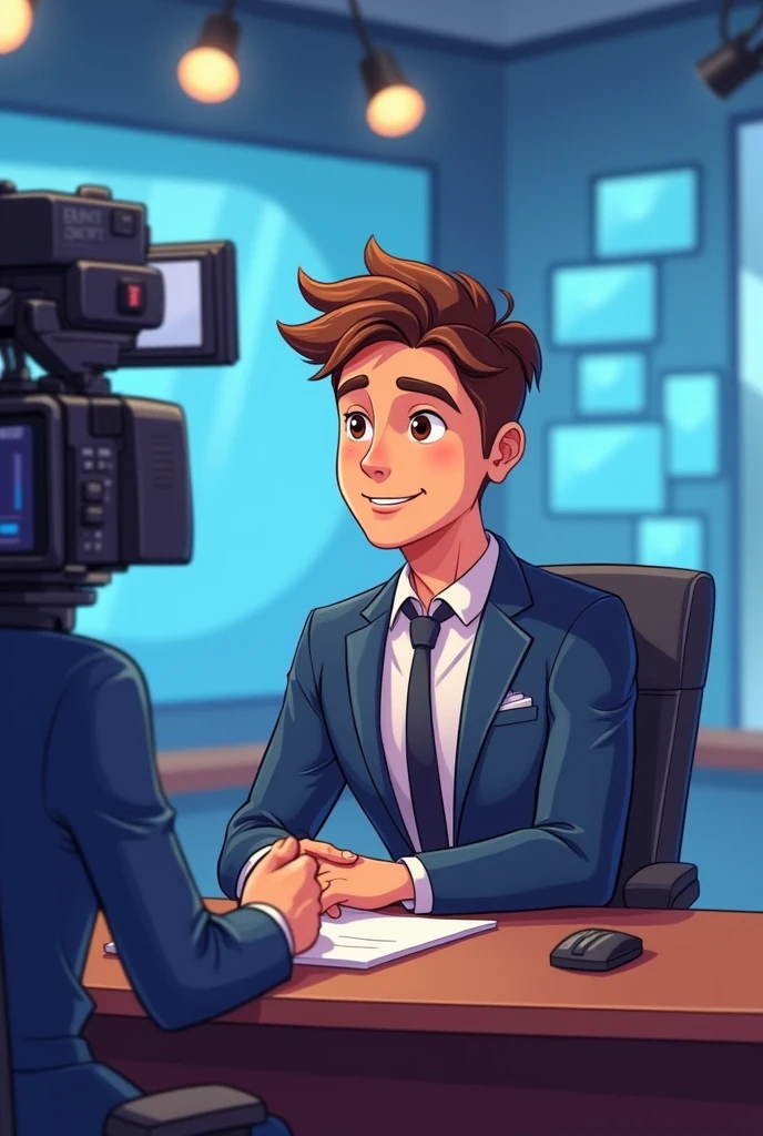 A cartoon image of an authentic young man at a table with a microphone wearing a suit on a television news program, exuding professionalism as an interviewer.