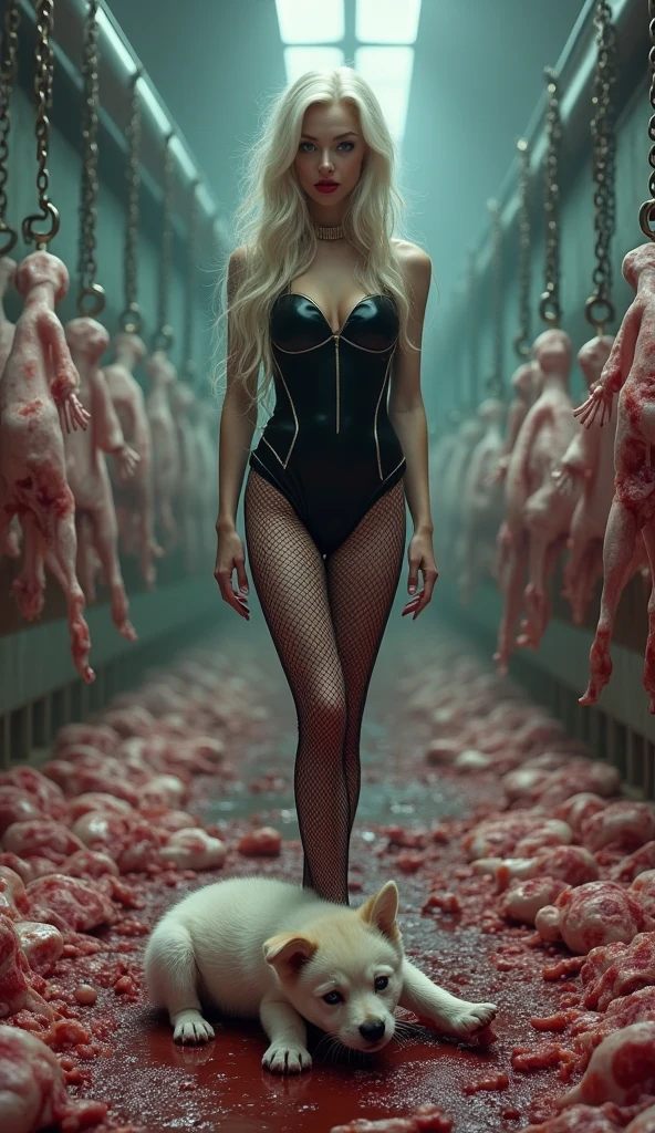 ((Top Quality)), ((Masterpiece)), (Details), (A white female Goddess with beautiful long blonde hair in beautiful French rolls and clear blue eyes looks at the viewer with a wicked and lascivious smile on her red lips, standing proudly with her right paw on the head of a cute puppy lying dead on the floor. The puppy, which was frightened just a moment ago, now lies dead with its mouth open and its tongue hanging out as if asking for help.), nsfw, abnormal fetish, (evil and lascivious smirk), black latex bondage suit, dead male puppy, black fishnet stockings, silver stiletto heels, Lots of blood, stomping, gore, gure, professional raw photo, entire sharp focus, Depth of Field, 16k, very aesthetic, (((crushed dead puppy head, dead puppy's sunken skull, hideously beautiful heels crushing and sinking into the dead puppy's head))), chains with countless hanging hooks from the ceiling, several fresh bright red carcasses hanging, an astonishing amount of red blood, white bones and dark red meat piled up covering the floor, in a bright and impersonal slaughter room, eerie