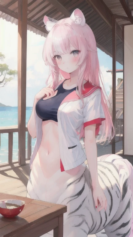 (best quality, masterpiece), 1 girl, centaur, I beg, White skin, Japanese schoolgirl,daughter,black pink, exposing the abdomen, belly button t-shirt , beautiful girl perfect, White tiger photo, Perfect swimsuit pictures