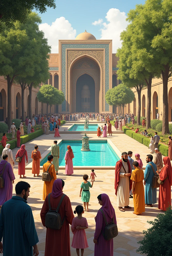 A lively scene of diverse people from Samarkand interacting, conversing, and celebrating in the newly created garden.
