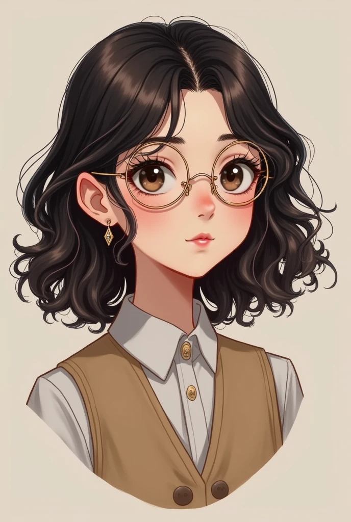 With glass, light coloured mole just below and little away from right eye near the nose who has small lips which is big in the down and smaller in the up lips, oval shape slim with good outfit with curly hair(2b and 2c curls in the front and 3a and 3b curls at back) shoulder length long hair lighter eyebrows, smaller eyes pinkish colour anda little long forehead without any freckles qnd the hair is of more volume, oval face and look like a 15yr old with circle wire frames, small diamond earrings